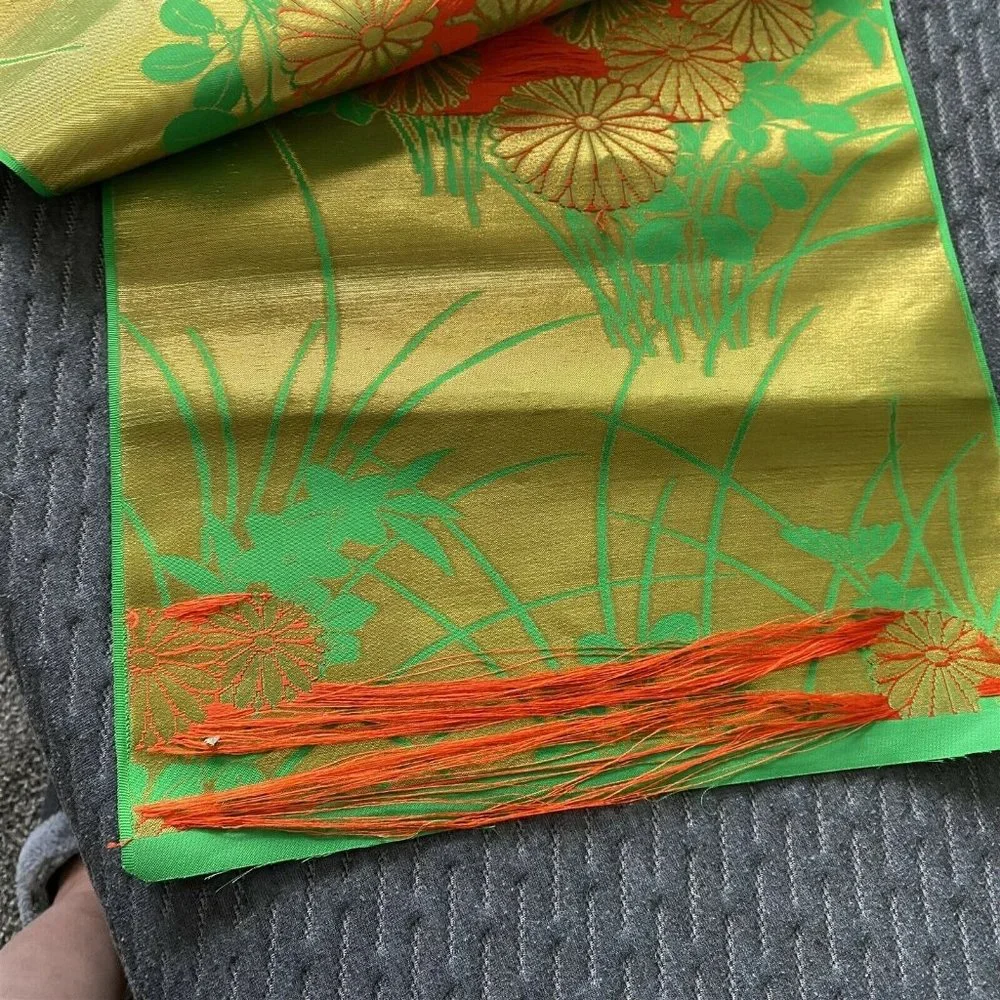 Vintage long Table Runner Oriental Satin Green Orange Floral 14 x 156